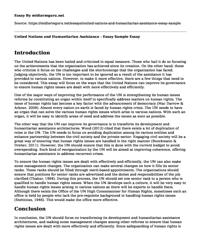 United Nations and Humanitarian Assistance - Essay Sample