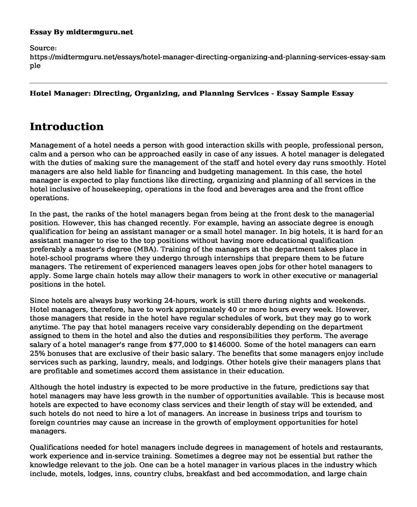 Hotel Manager: Directing, Organizing, and Planning Services - Essay Sample
