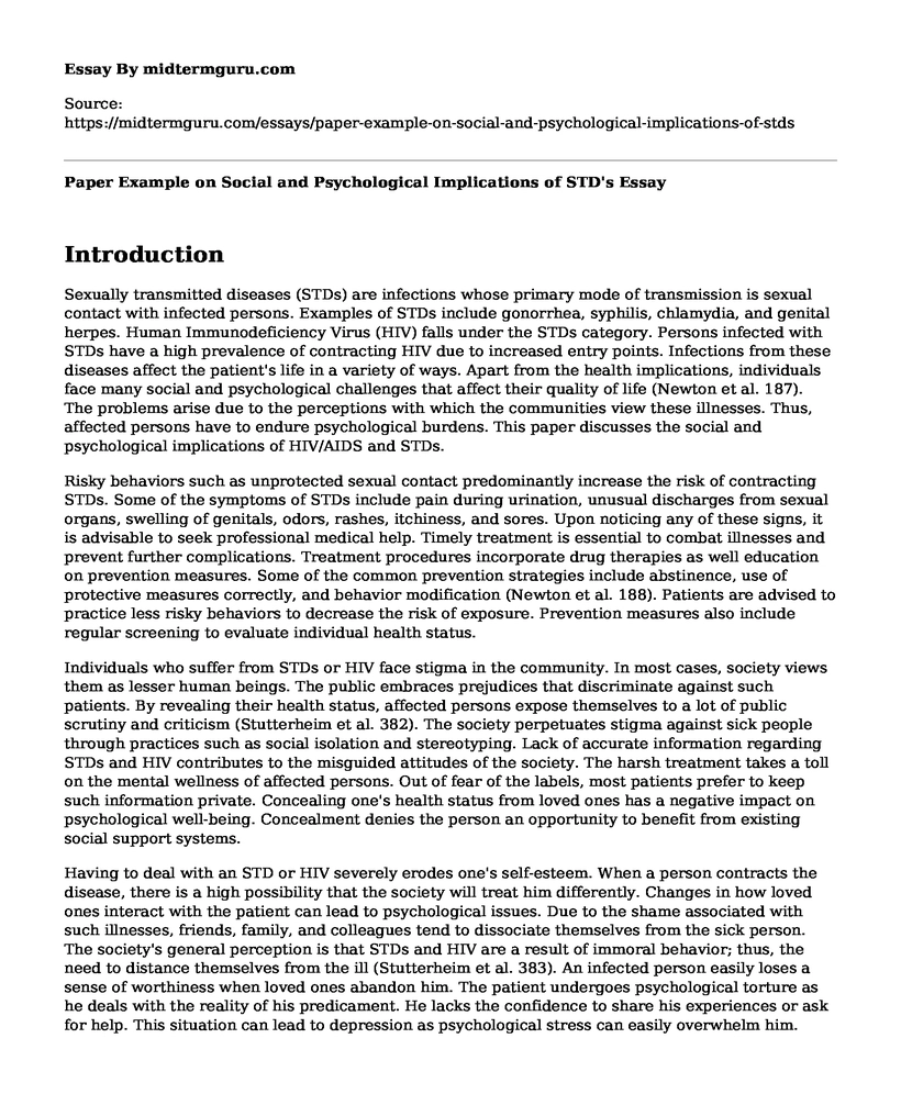 Paper Example on Social and Psychological Implications of STD's