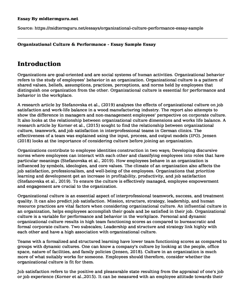 Organizational Culture & Performance - Essay Sample