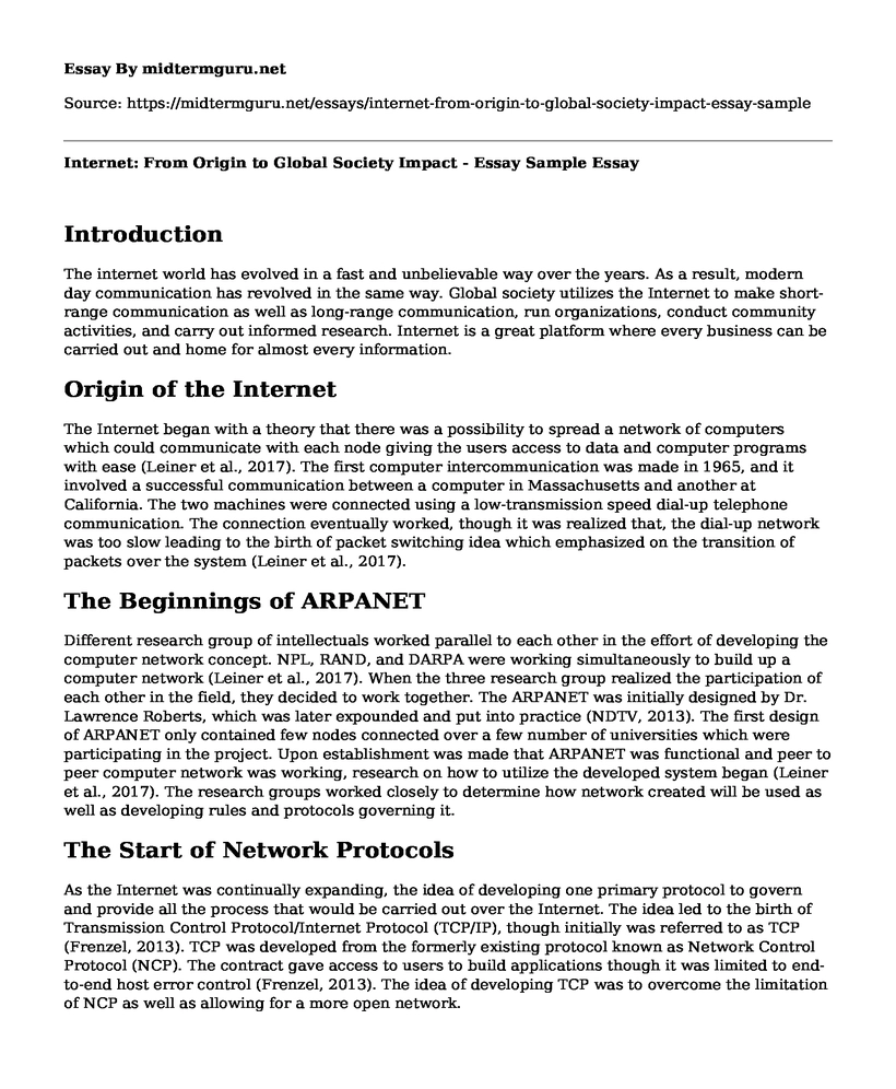 Internet: From Origin to Global Society Impact - Essay Sample