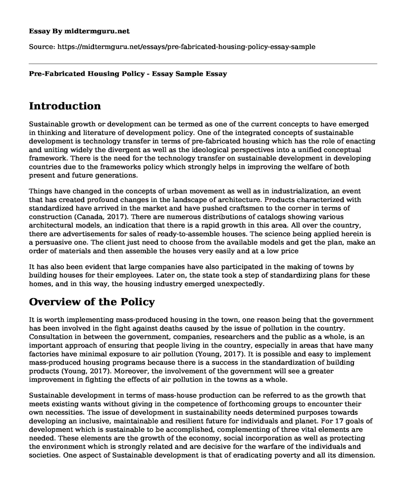 Pre-Fabricated Housing Policy - Essay Sample
