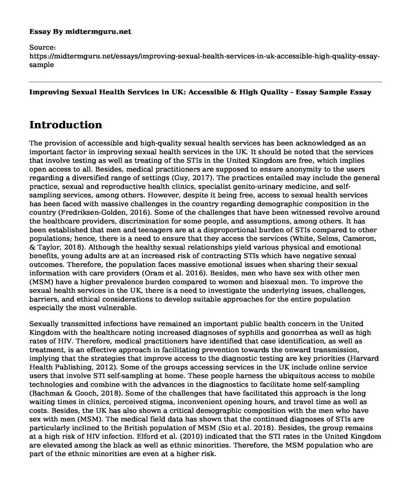 Improving Sexual Health Services in UK: Accessible & High Quality - Essay Sample