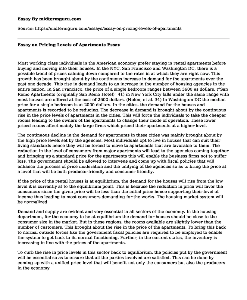 Essay on Pricing Levels of Apartments