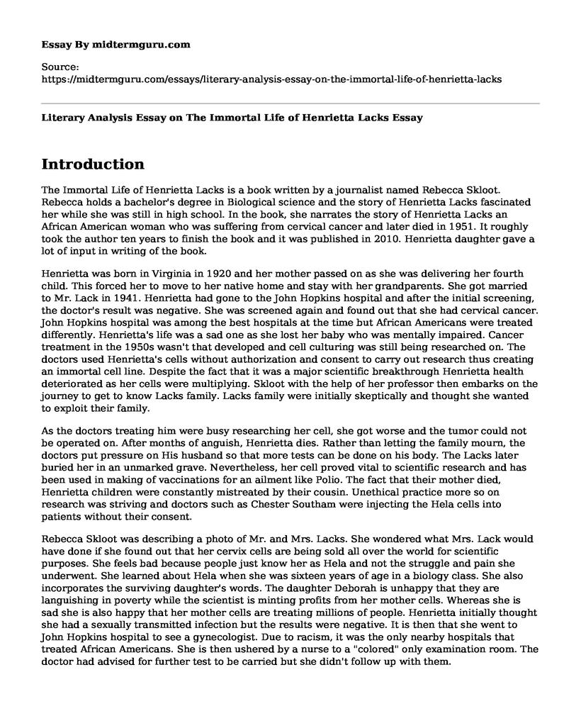 Literary Analysis Essay on The Immortal Life of Henrietta Lacks