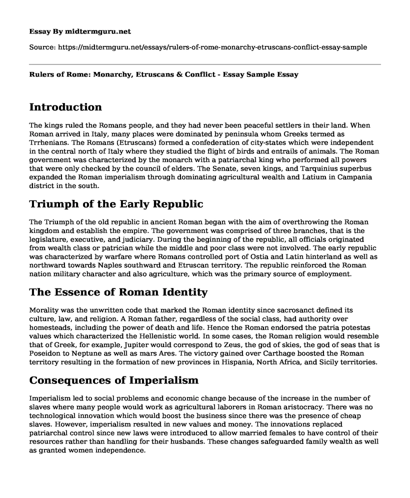 Rulers of Rome: Monarchy, Etruscans & Conflict - Essay Sample