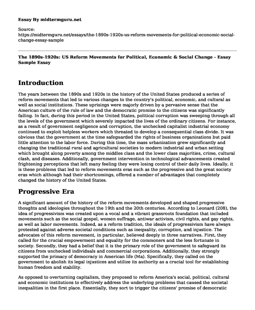 The 1890s-1920s: US Reform Movements for Political, Economic & Social Change - Essay Sample