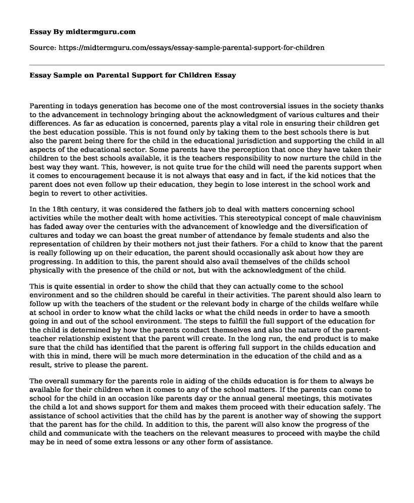 Essay Sample on Parental Support for Children