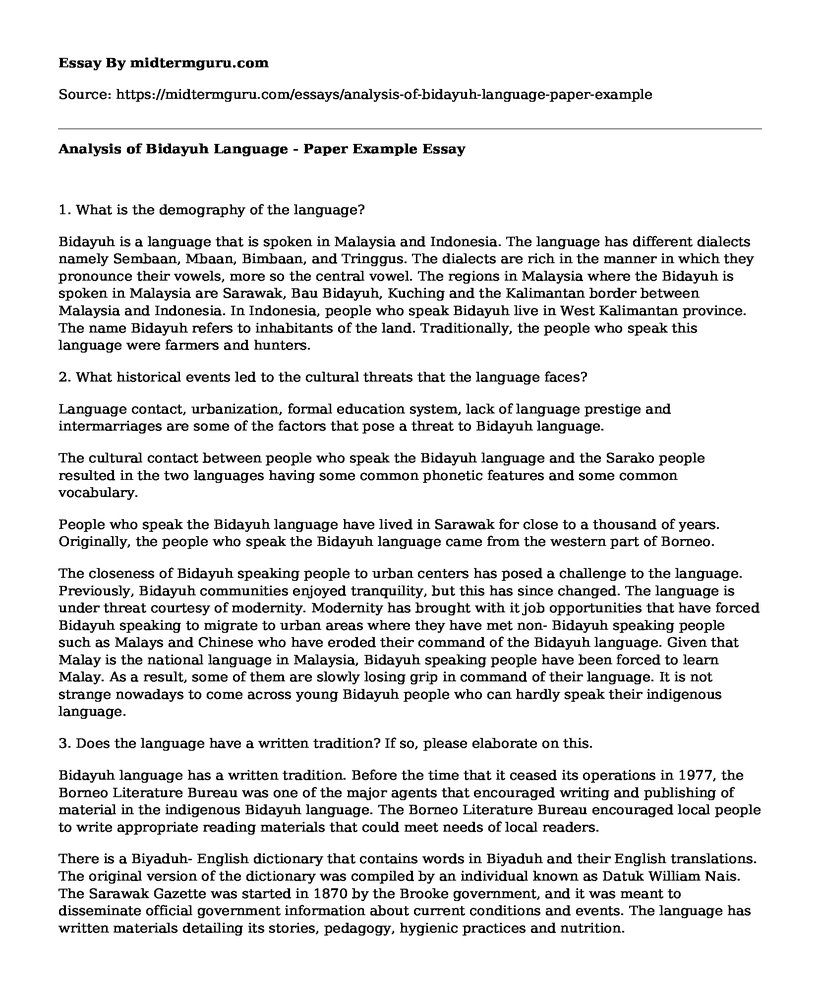 Analysis of Bidayuh Language - Paper Example
