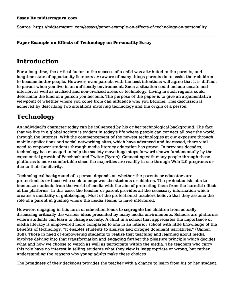 Paper Example on Effects of Technology on Personality