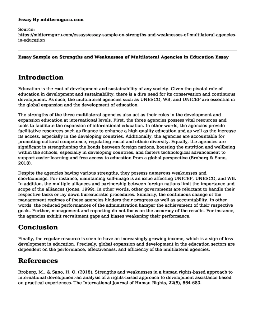 Essay Sample on Strengths and Weaknesses of Multilateral Agencies in Education