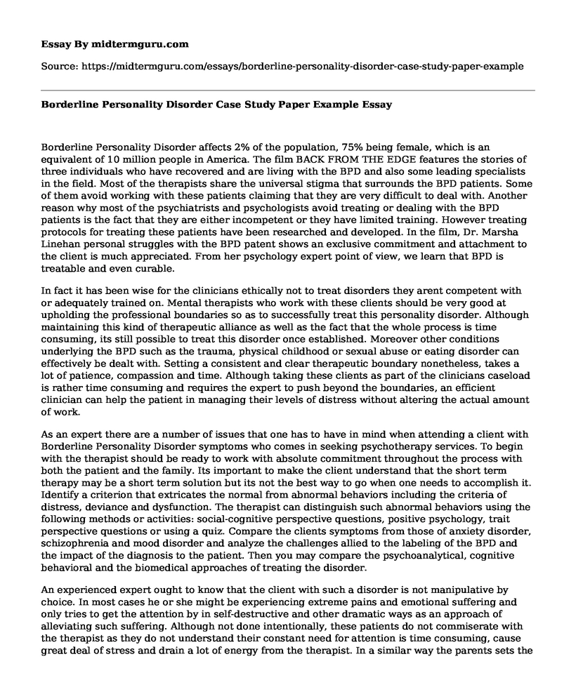 Borderline Personality Disorder Case Study Paper Example