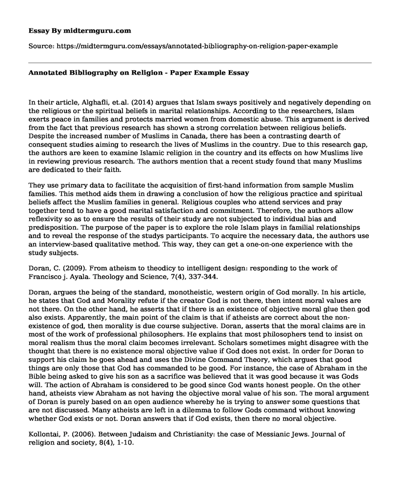 Annotated Bibliography on Religion - Paper Example