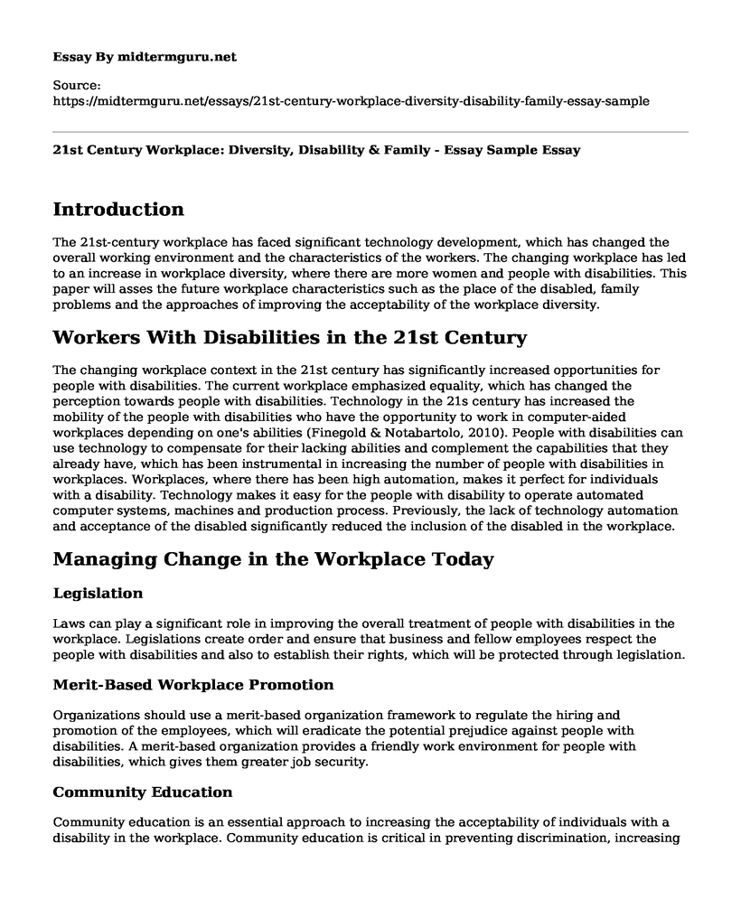 21st Century Workplace: Diversity, Disability & Family - Essay Sample
