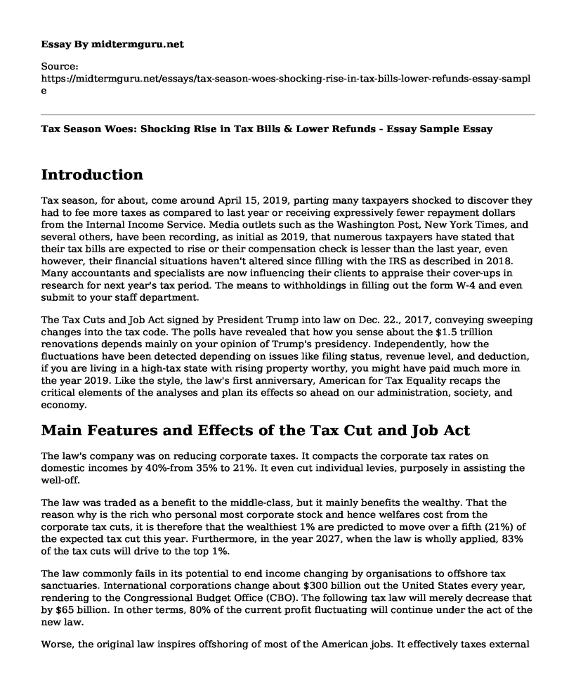Tax Season Woes: Shocking Rise in Tax Bills & Lower Refunds - Essay Sample