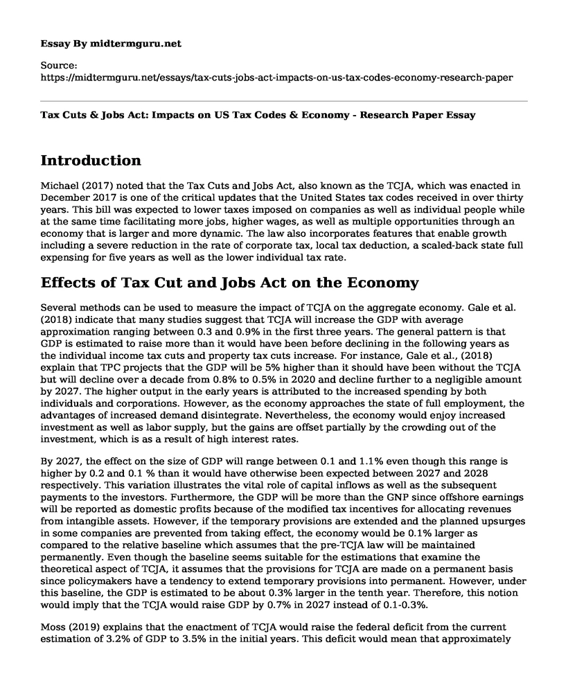 Tax Cuts & Jobs Act: Impacts on US Tax Codes & Economy - Research Paper