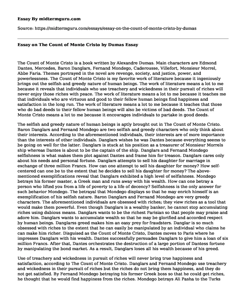 Essay on The Count of Monte Cristo by Dumas