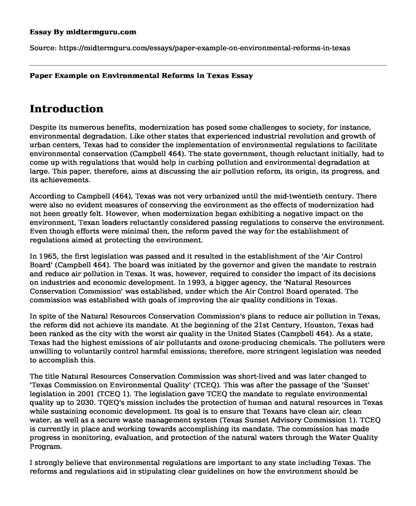 Paper Example on Environmental Reforms in Texas