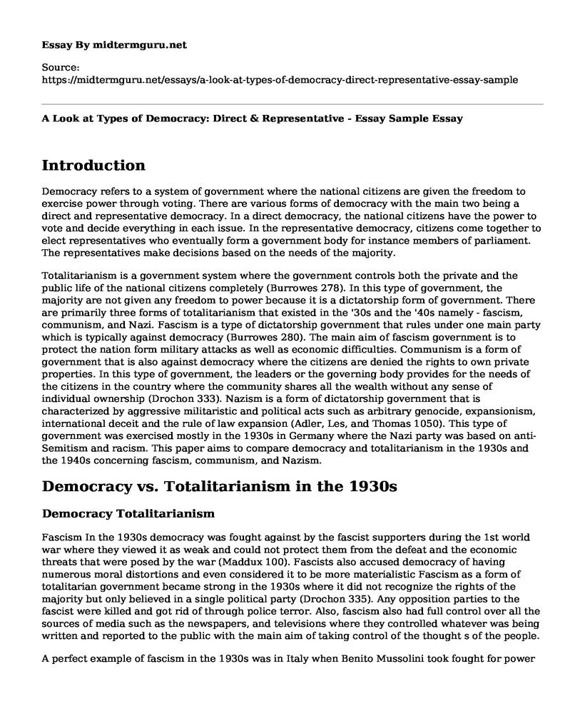 A Look at Types of Democracy: Direct & Representative - Essay Sample