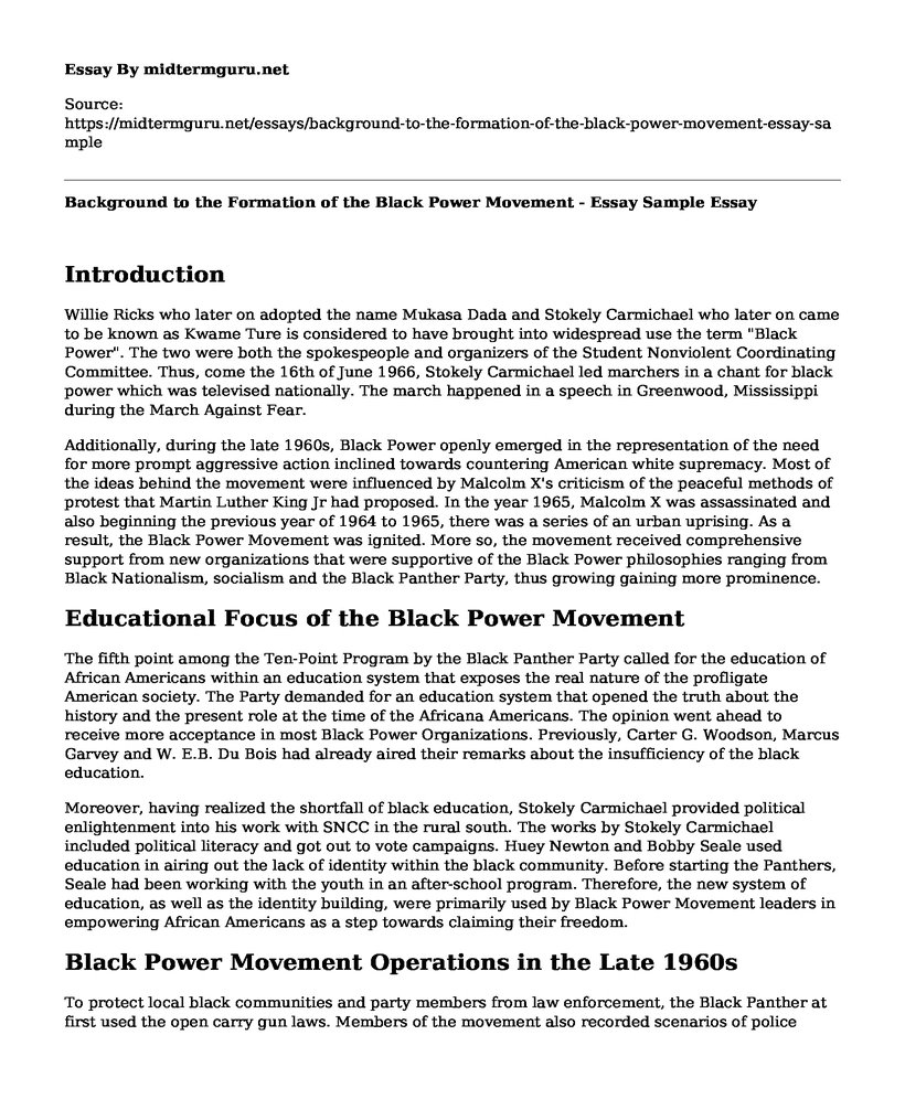 Background to the Formation of the Black Power Movement - Essay Sample