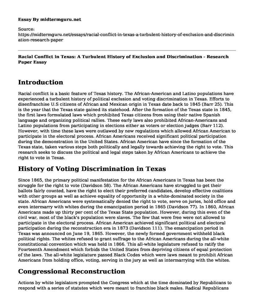 Racial Conflict in Texas: A Turbulent History of Exclusion and Discrimination - Research Paper