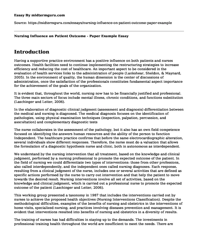 Nursing Influence on Patient Outcome - Paper Example