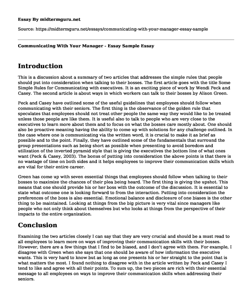 Communicating With Your Manager - Essay Sample