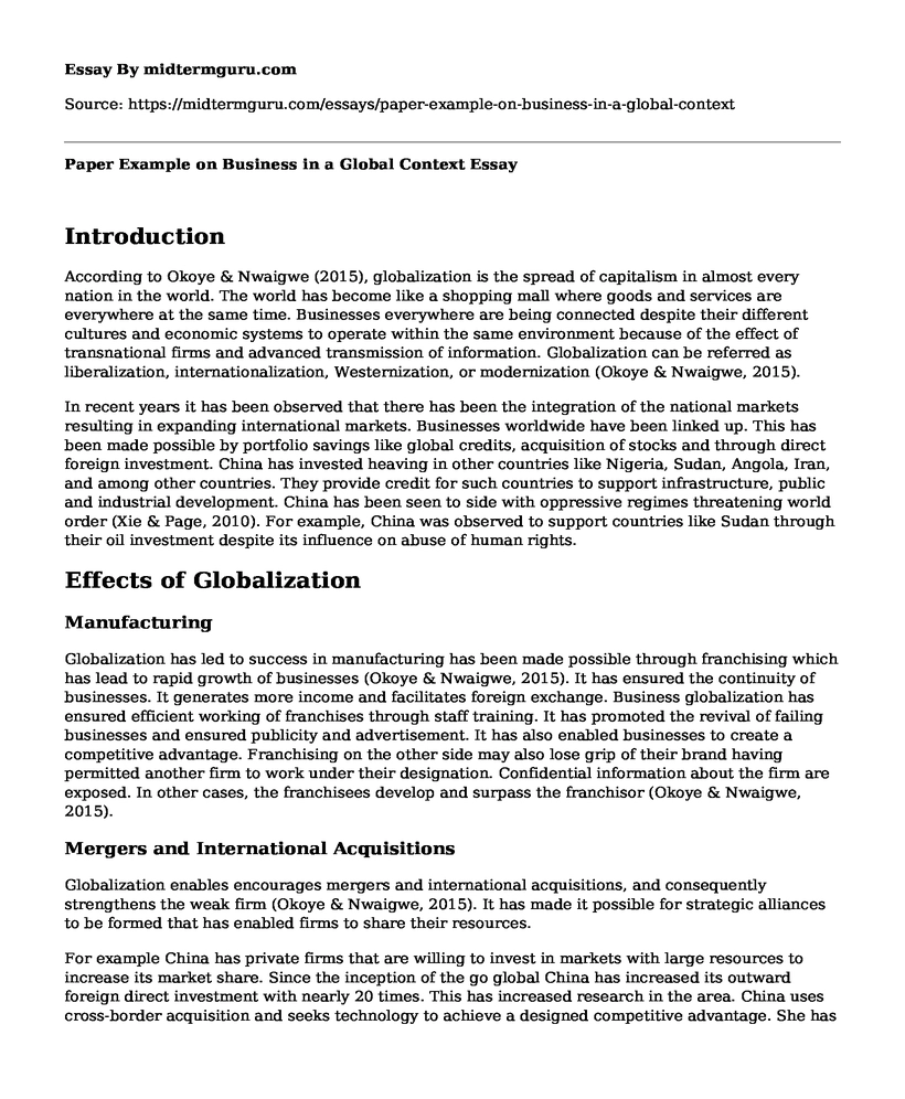 Paper Example on Business in a Global Context