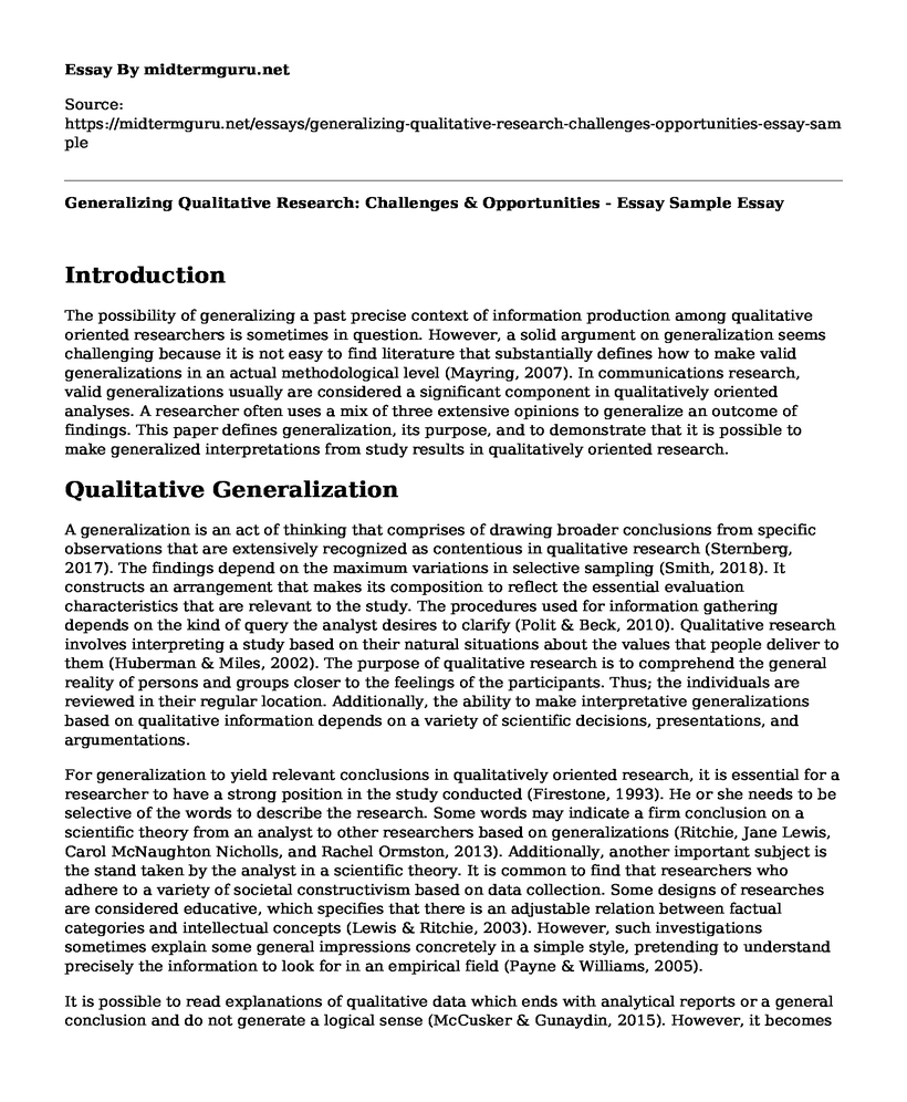 Generalizing Qualitative Research: Challenges & Opportunities - Essay Sample