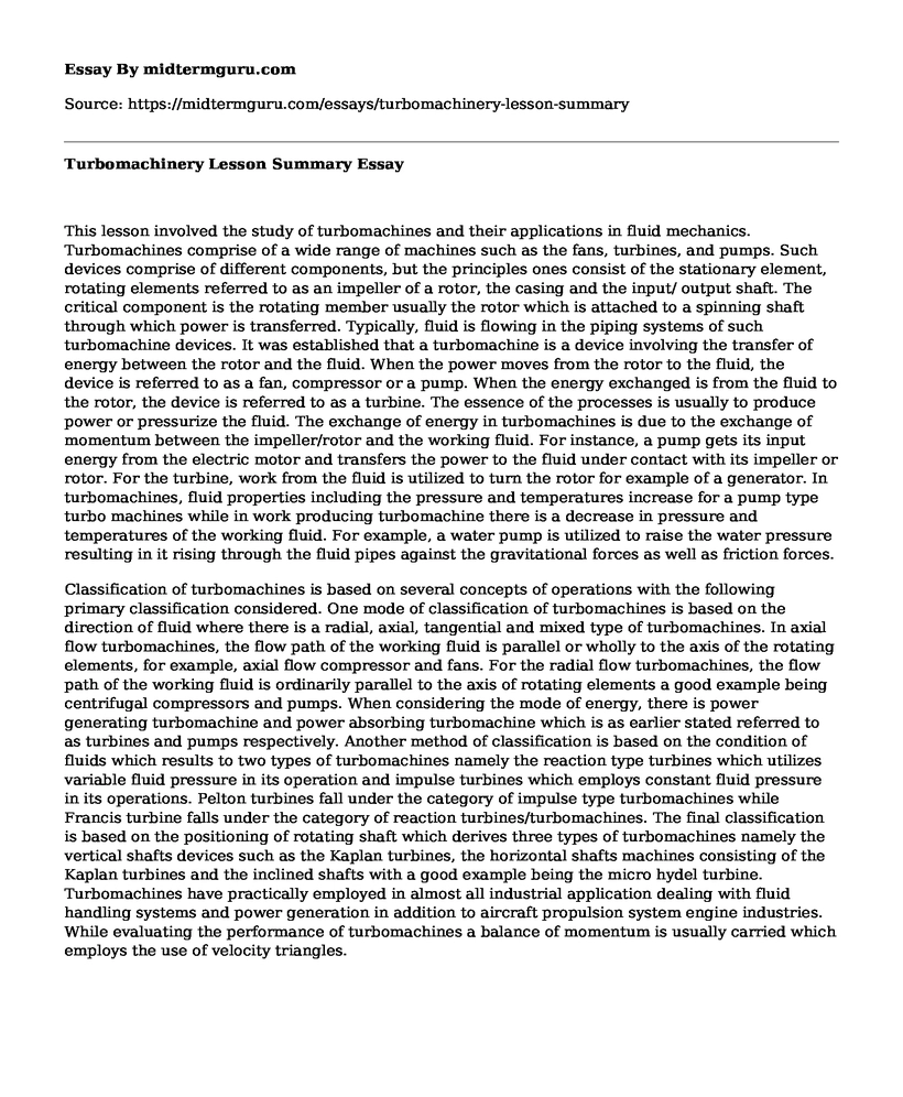 Turbomachinery Lesson Summary