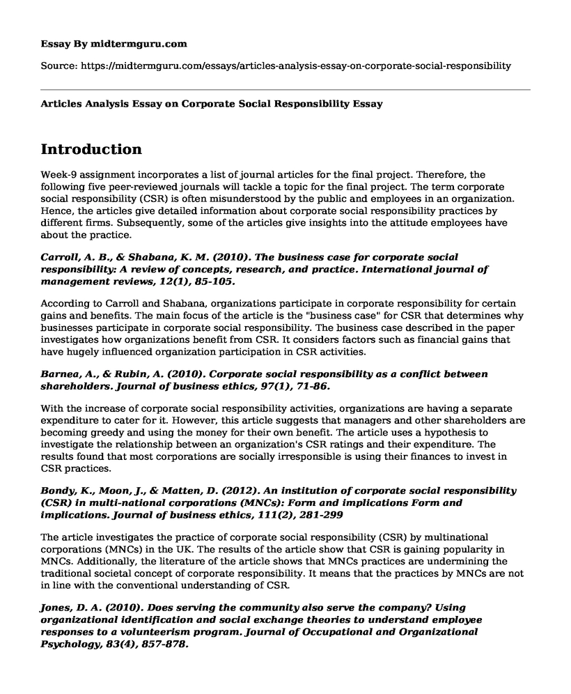 Articles Analysis Essay on Corporate Social Responsibility 