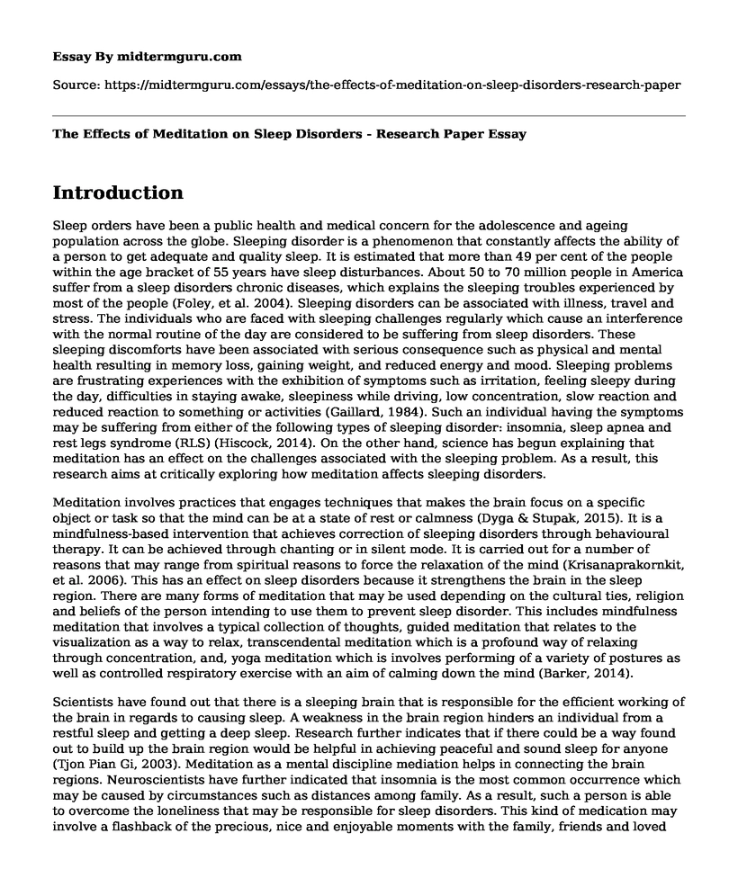 The Effects of Meditation on Sleep Disorders - Research Paper