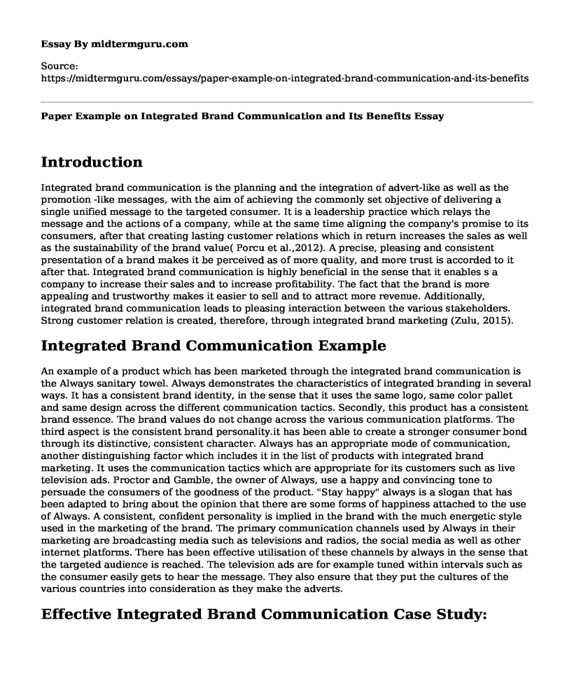 Paper Example on Integrated Brand Communication and Its Benefits
