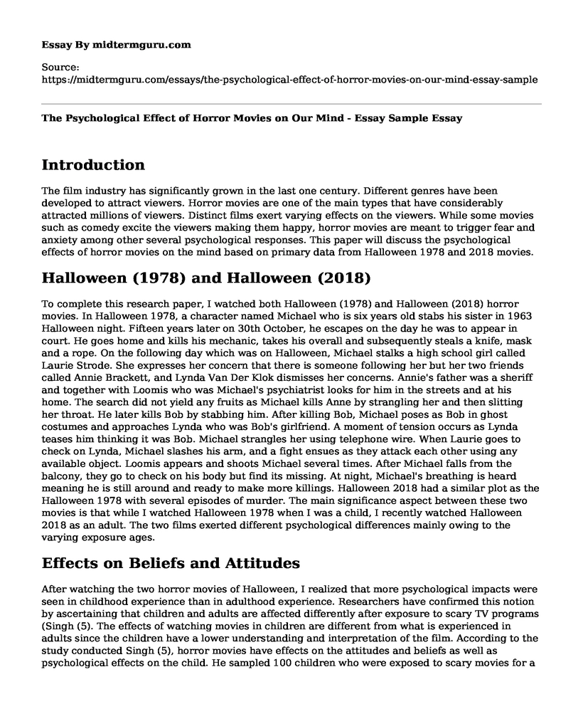 The Psychological Effect of Horror Movies on Our Mind - Essay Sample