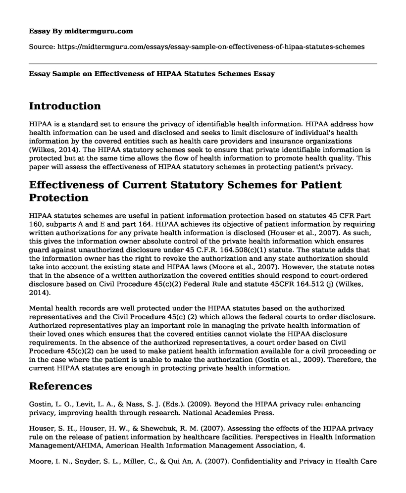 Essay Sample on Effectiveness of HIPAA Statutes Schemes