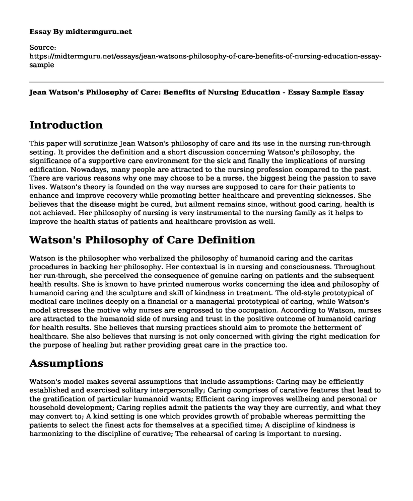 Jean Watson's Philosophy of Care: Benefits of Nursing Education - Essay Sample