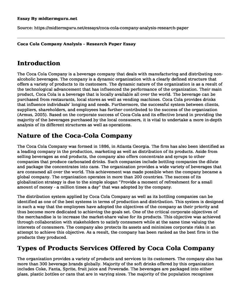 Coca Cola Company Analysis - Research Paper