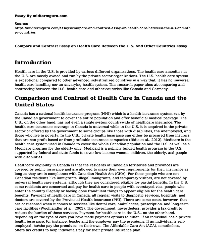 Compare and Contrast Essay on Health Care Between the U.S. And Other Countries
