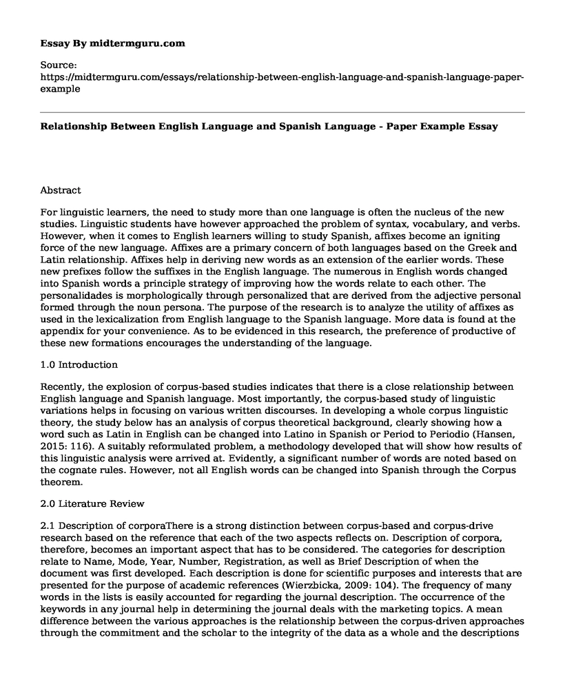 Relationship Between English Language and Spanish Language - Paper Example