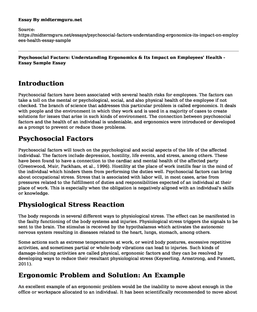 Psychosocial Factors: Understanding Ergonomics & Its Impact on Employees' Health - Essay Sample