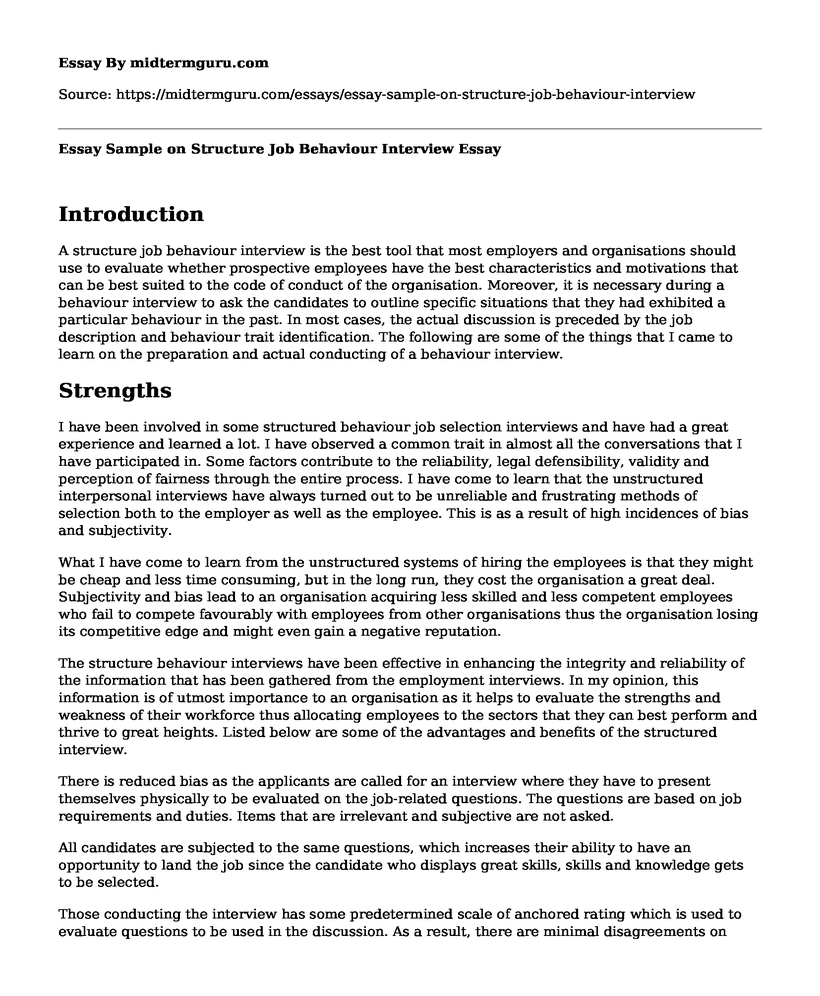 Essay Sample on Structure Job Behaviour Interview