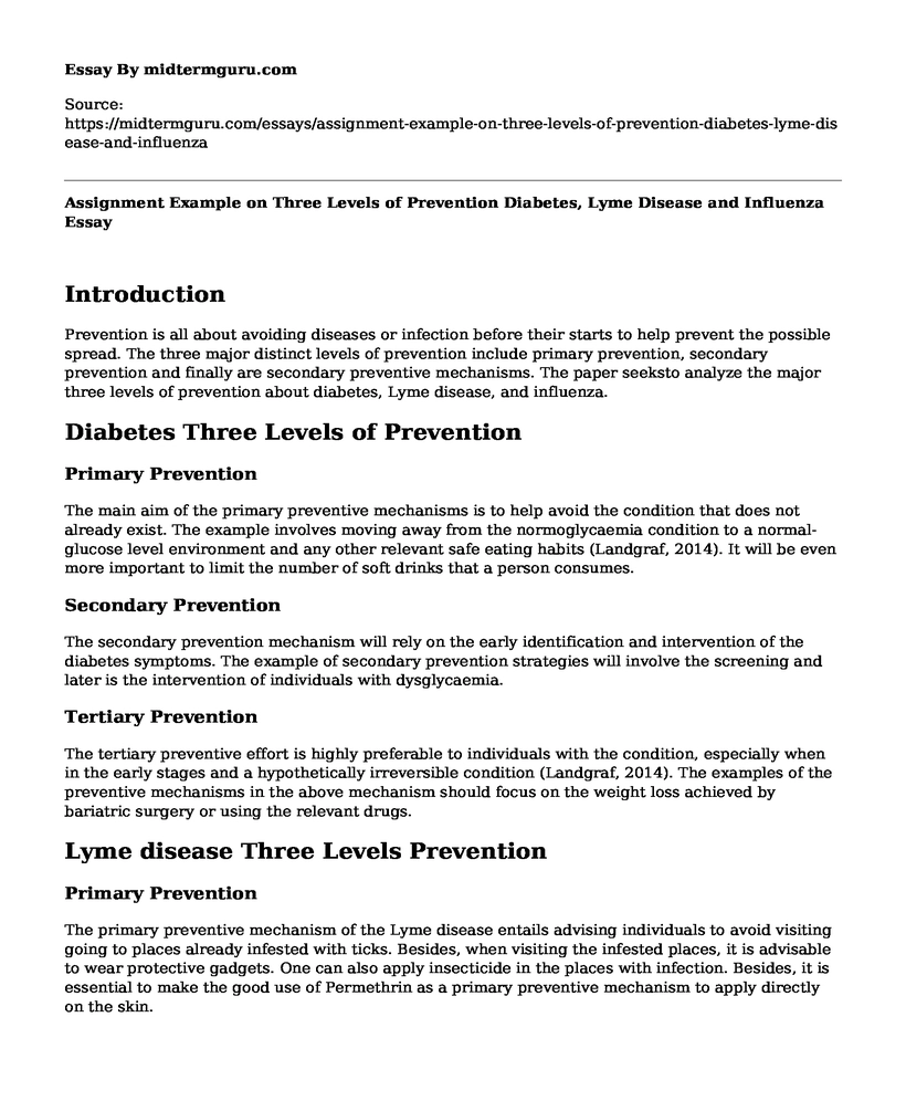 Assignment Example on Three Levels of Prevention Diabetes, Lyme Disease and Influenza