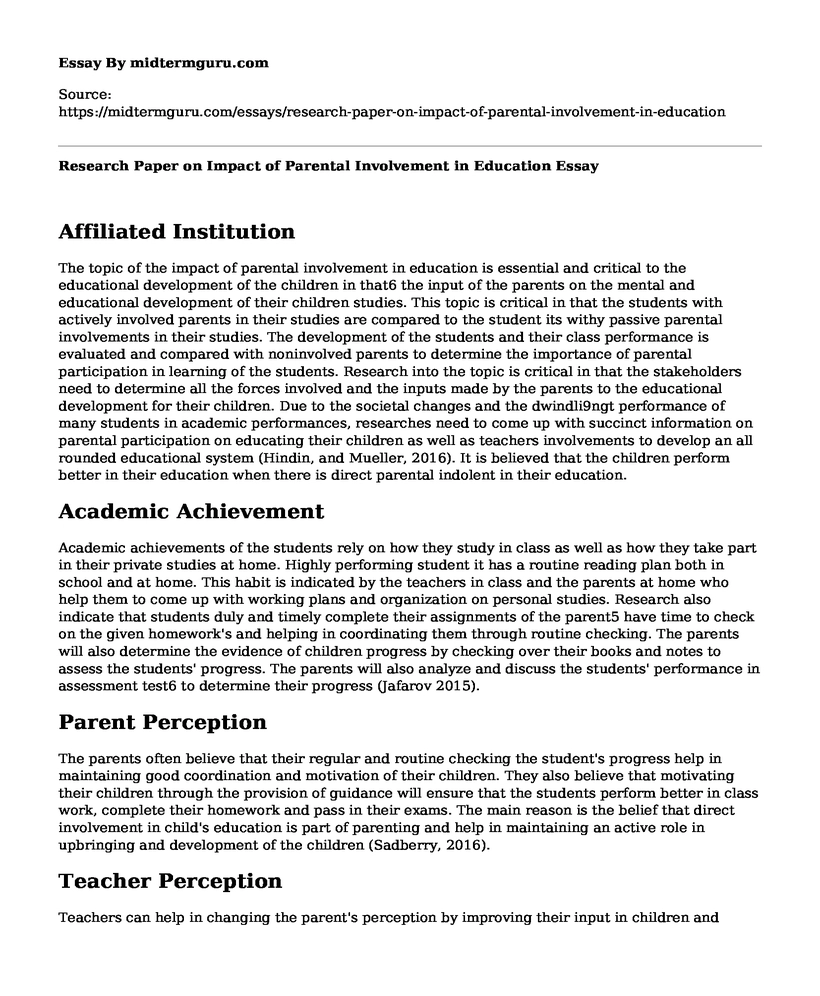 Research Paper on Impact of Parental Involvement in Education