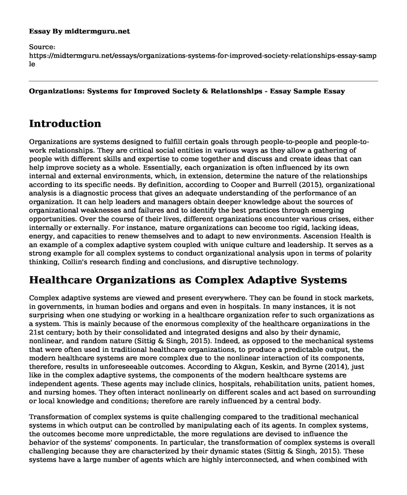Organizations: Systems for Improved Society & Relationships - Essay Sample