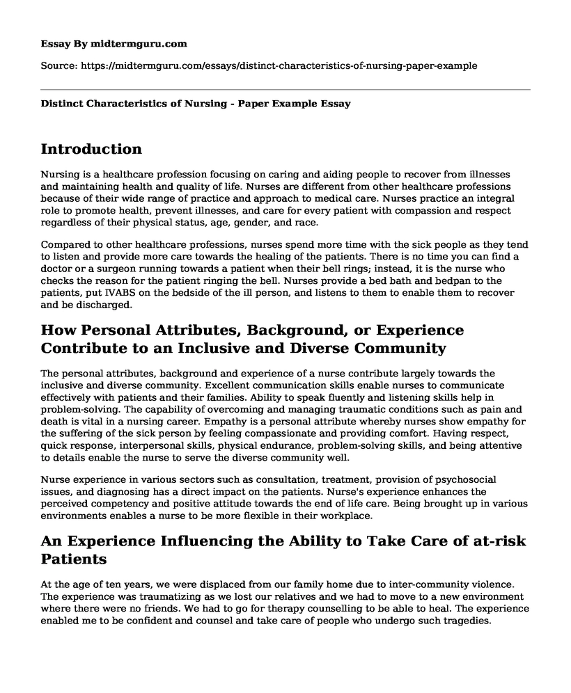 Distinct Characteristics of Nursing - Paper Example