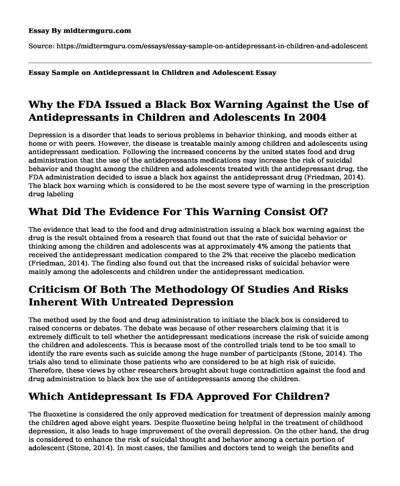 Essay Sample on Antidepressant in Children and Adolescent
