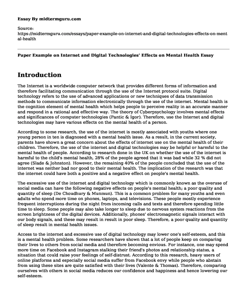 Paper Example on Internet and Digital Technologies' Effects on Mental Health