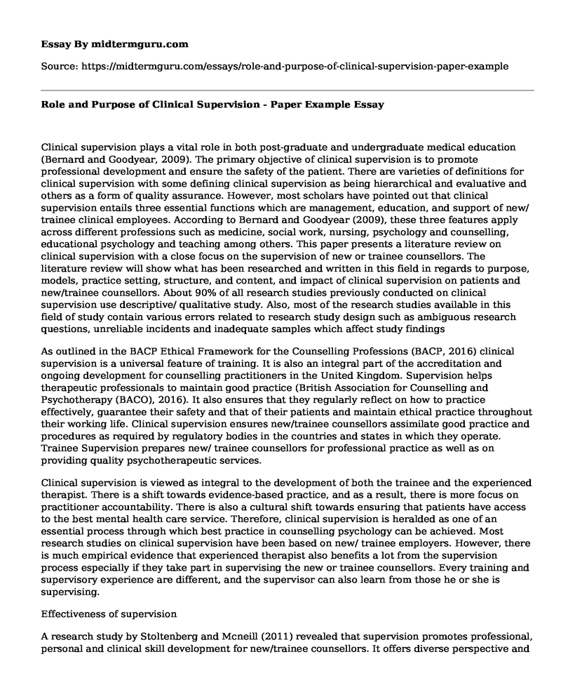 Role and Purpose of Clinical Supervision - Paper Example