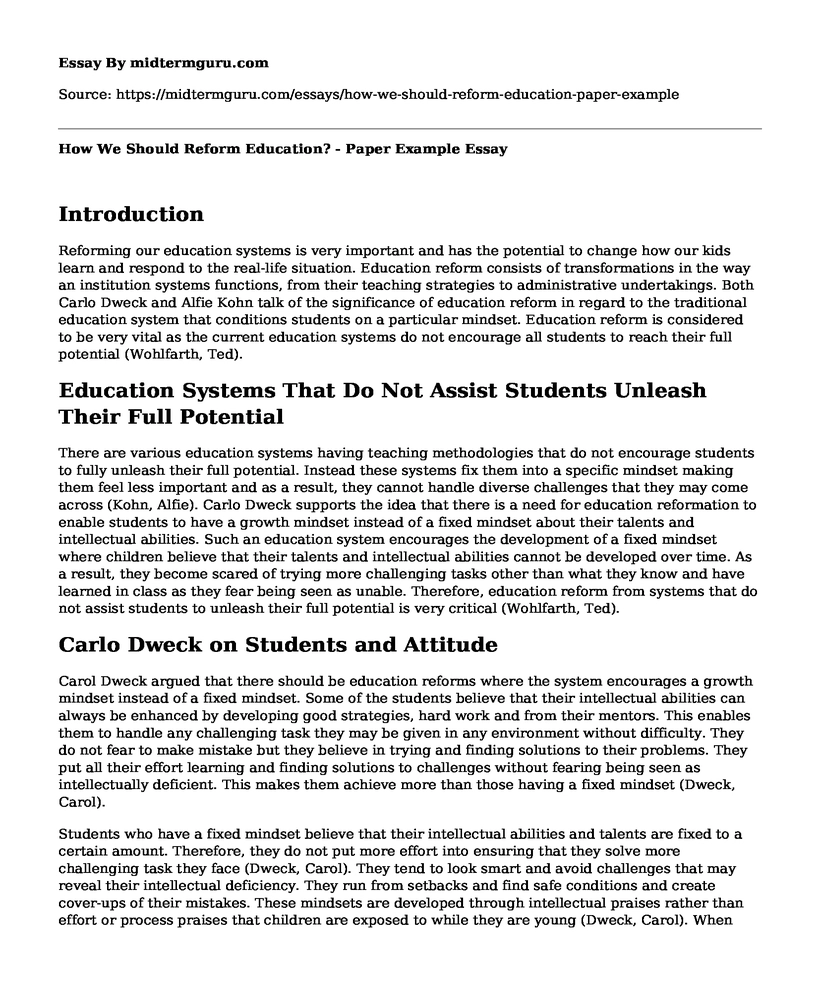 How We Should Reform Education? - Paper Example