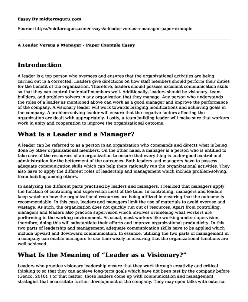 A Leader Versus a Manager - Paper Example